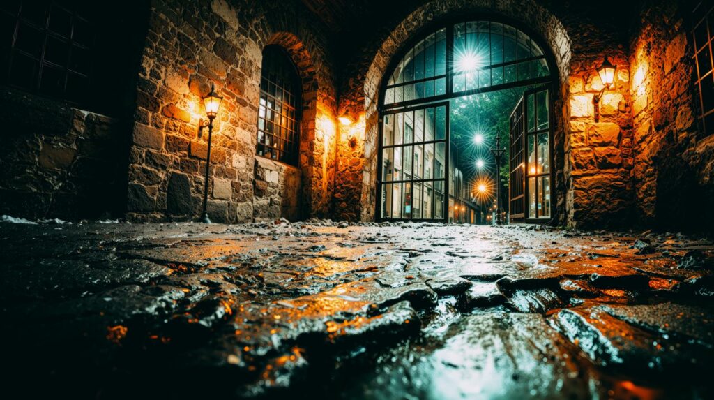 地下や拷問を想像させる、雨に濡れた石畳と広がる城門のAI画像