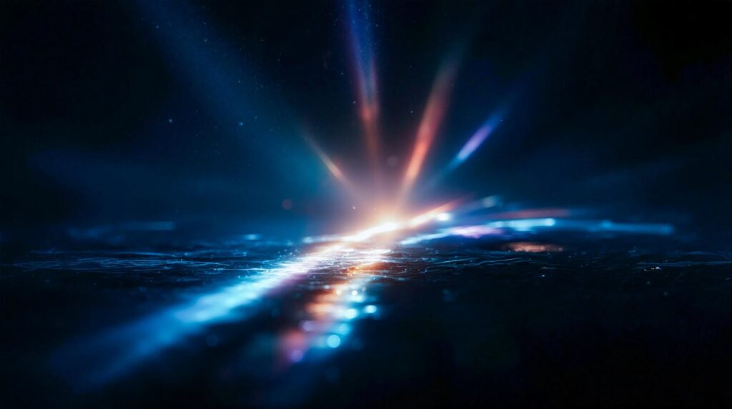 アニメ『グノーシア』１５話感想まとめ記事エンディング用
深青の空間に放射状に広がる光線のAI画像
