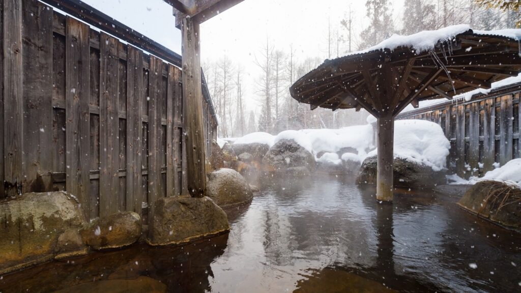 アニメ『葬送のフリーレン』２期 ３話（第３１話）感想記事エンディング用
冬の醍醐味、雪の露天風呂の写真